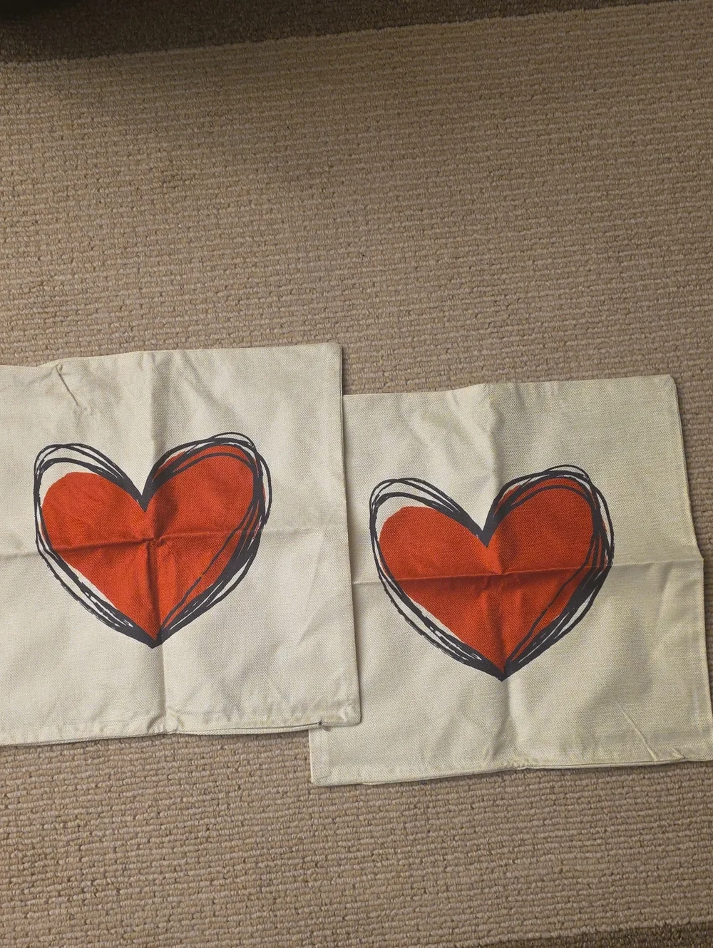Canvas Heart Pillow Covers - Red Heart on Cream (Set of 2)